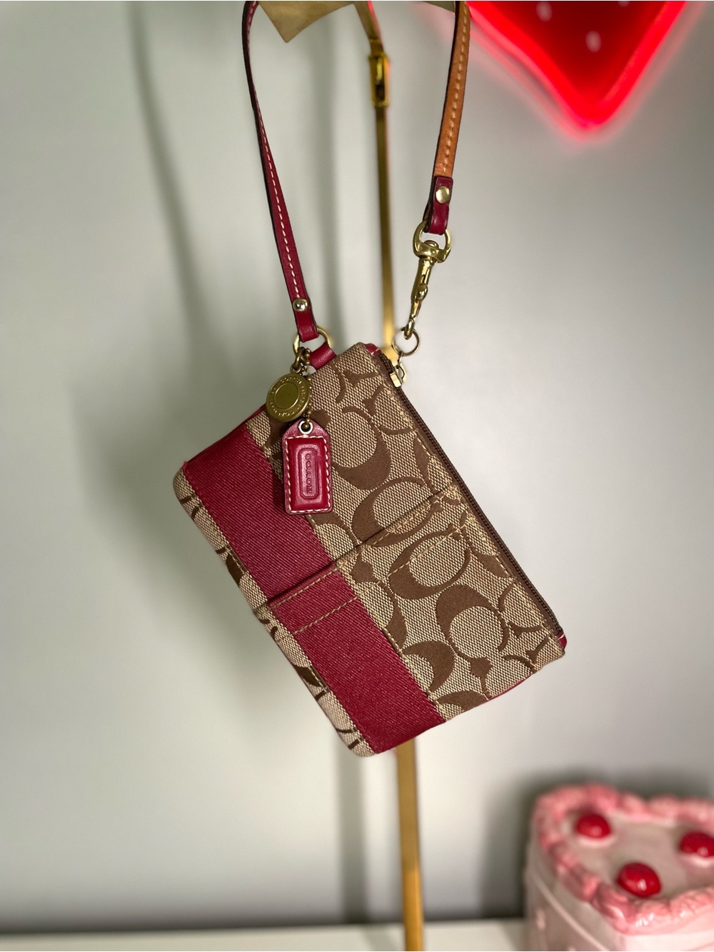 Coach Brown Signature Canvas Wristlet with Red Trim